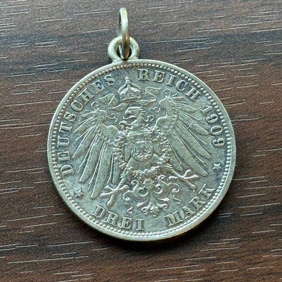 Silver German Drei Mark 1909 D Coin with Bail - Picture 2 of 3